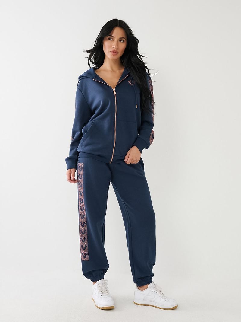 True Religion Crystal Horseshoe Box High Rise Boyfriends Jogginghose Damen Navy Blau | 25396PWGA