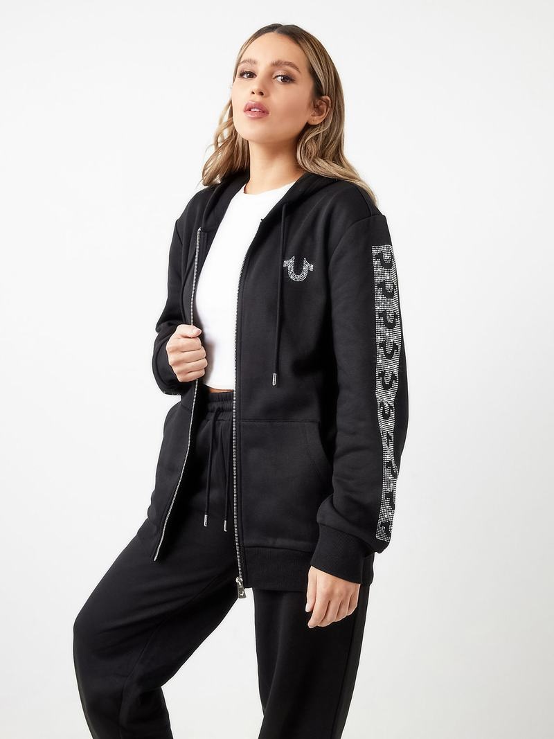 True Religion Crystal Horseshoe Boyfriend Zip Hoodie Damen Schwarz | 76048KIJN