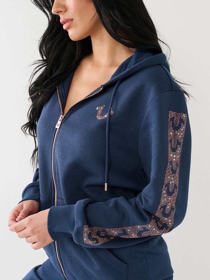 True Religion Crystal Horseshoe Boyfriend Zip Hoodie Damen Navy Blau | 64918MVZT