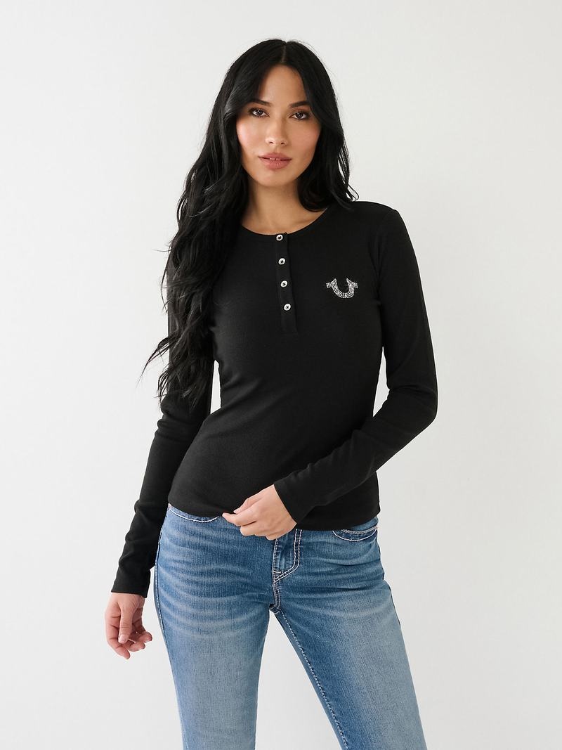 True Religion Crystal Horseshoe Logo Henley Hemd Damen Schwarz | 65310KHYW