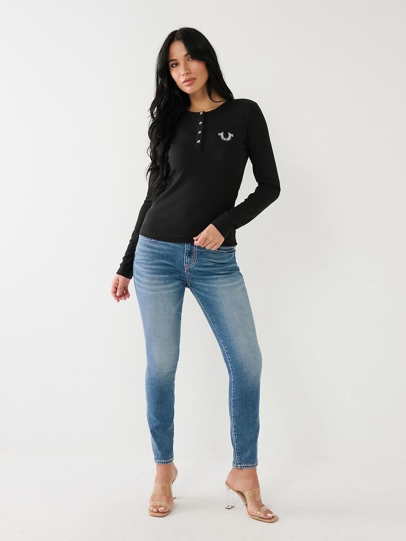 True Religion Crystal Horseshoe Logo Henley Hemd Damen Schwarz | 65310KHYW