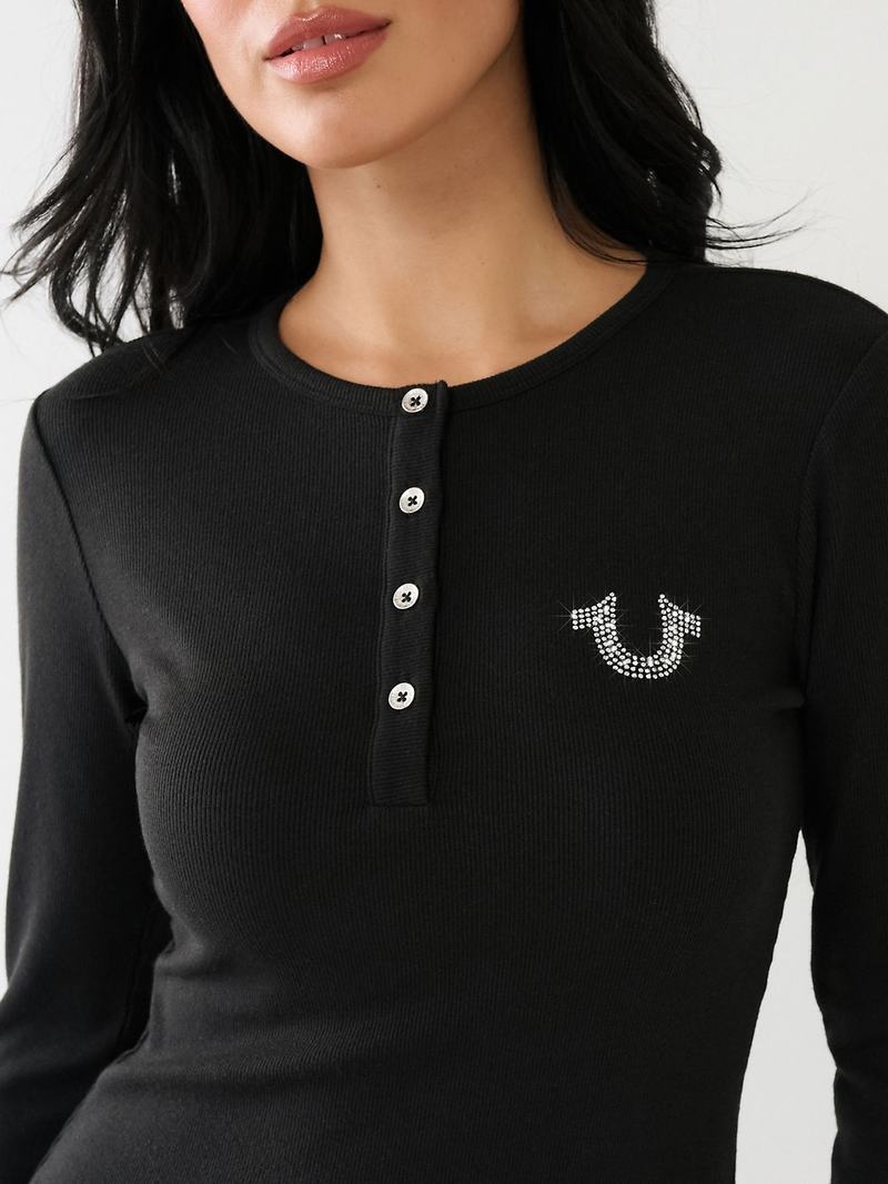 True Religion Crystal Horseshoe Logo Henley Hemd Damen Schwarz | 65310KHYW