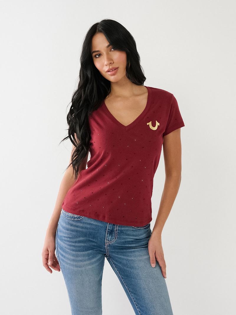 True Religion Crystal Horseshoe Logo V Neck T-Shirts Damen Fuchsie | 61528OHQV