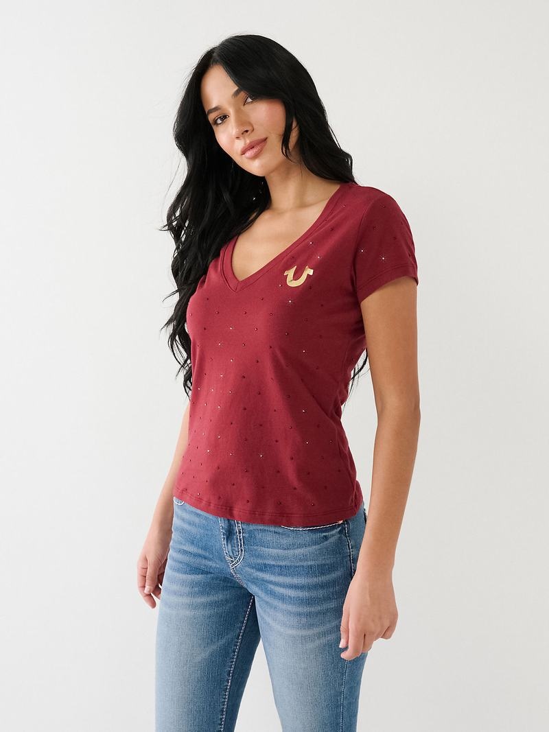 True Religion Crystal Horseshoe Logo V Neck T-Shirts Damen Fuchsie | 61528OHQV