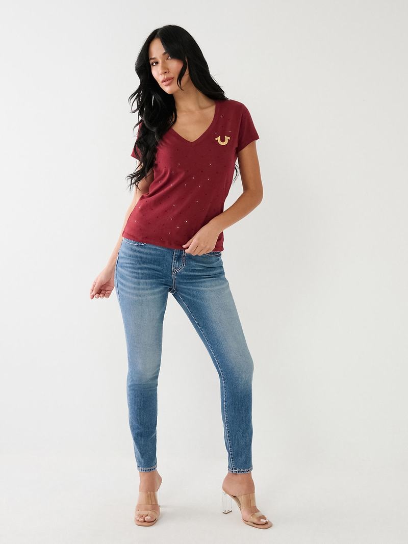 True Religion Crystal Horseshoe Logo V Neck T-Shirts Damen Fuchsie | 61528OHQV