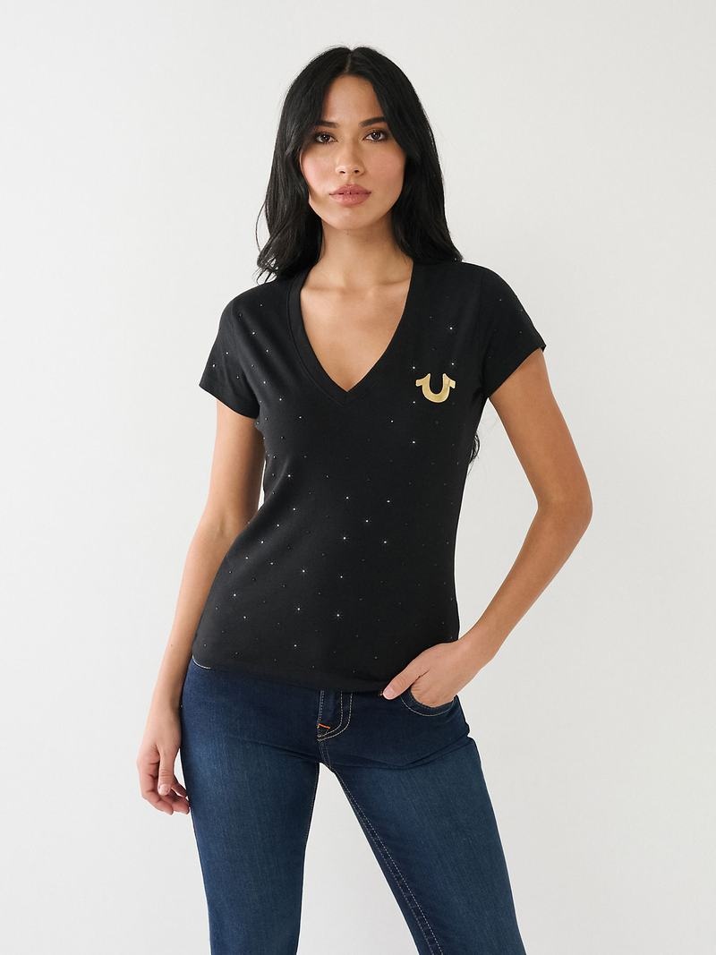 True Religion Crystal Horseshoe Logo V Neck T-Shirts Damen Schwarz | 91087VBON