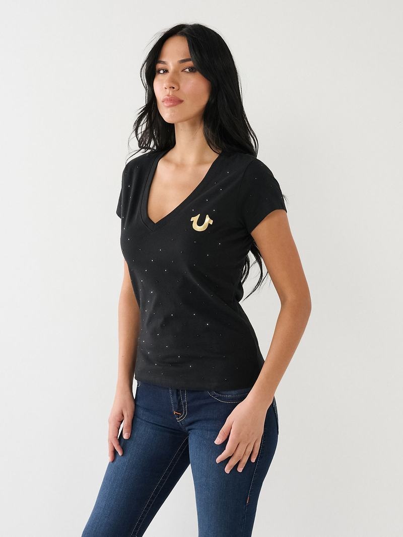 True Religion Crystal Horseshoe Logo V Neck T-Shirts Damen Schwarz | 91087VBON