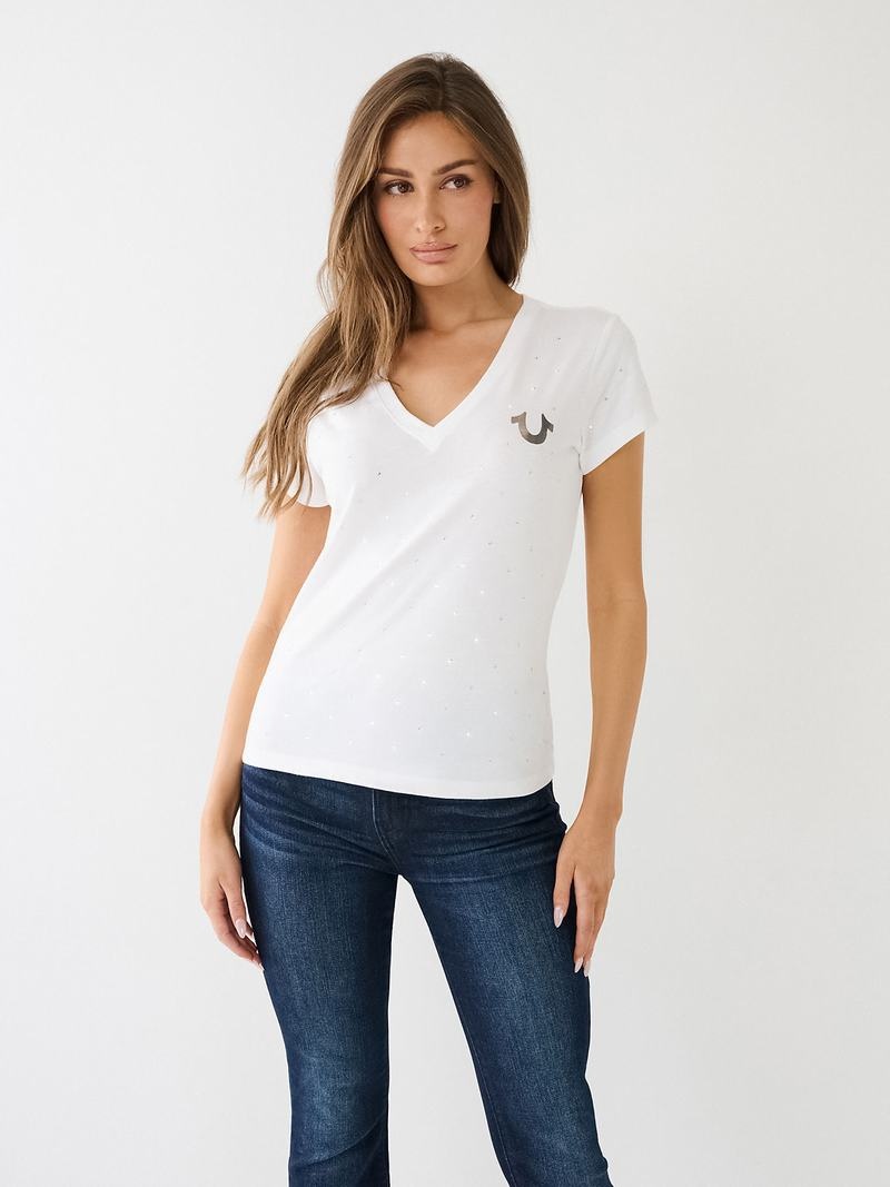 True Religion Crystal Horseshoe Logo V Neck T-Shirts Damen Weiß | 59712QXJL