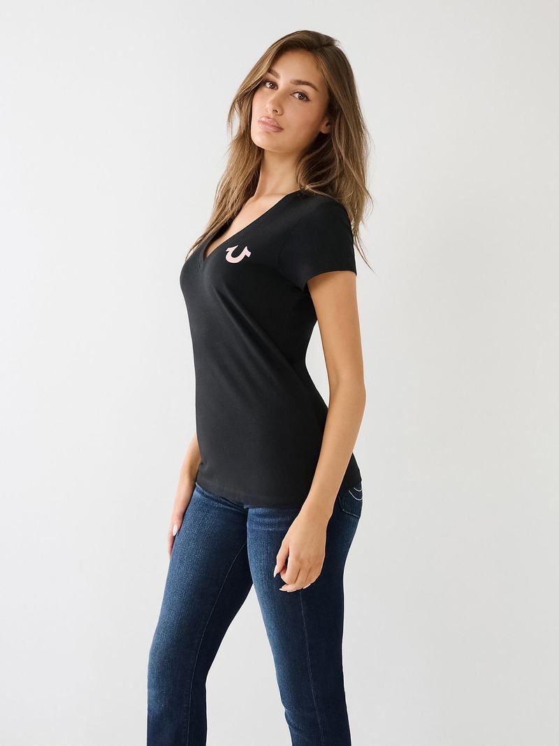 True Religion Crystal Horseshoe Logo V Neck T-Shirts Damen Schwarz | 16895XVLC