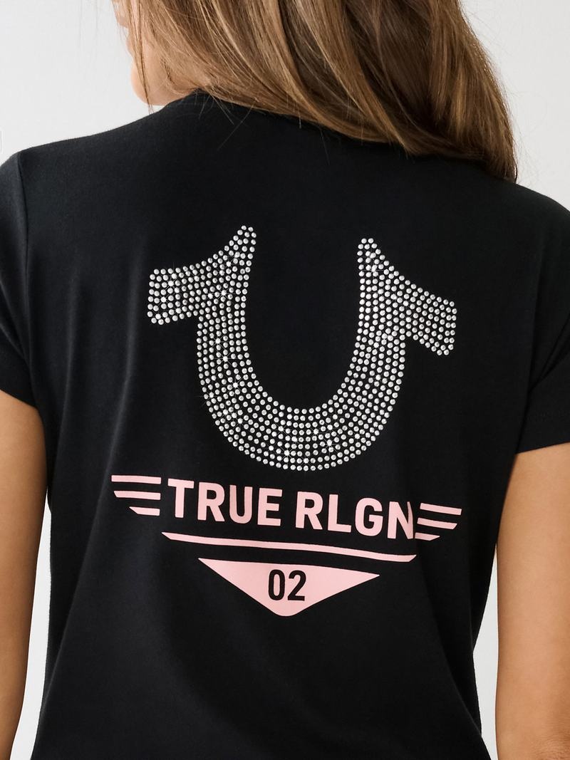 True Religion Crystal Horseshoe Logo V Neck T-Shirts Damen Schwarz | 16895XVLC