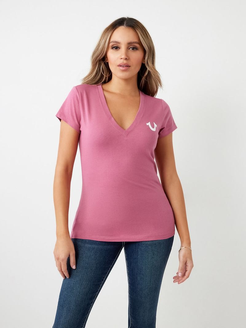 True Religion Crystal Horseshoe Logo V Neck T-Shirts Damen Lila | 23416EBTG