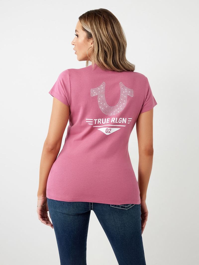 True Religion Crystal Horseshoe Logo V Neck T-Shirts Damen Lila | 23416EBTG