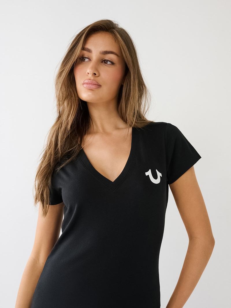 True Religion Crystal Horseshoe Logo V Neck T-Shirts Damen Schwarz | 08274EYCS