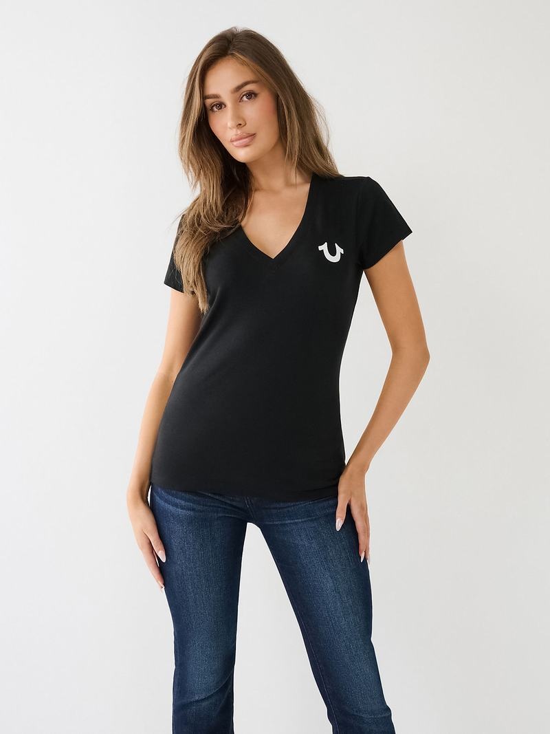 True Religion Crystal Horseshoe Logo V Neck T-Shirts Damen Schwarz | 08274EYCS