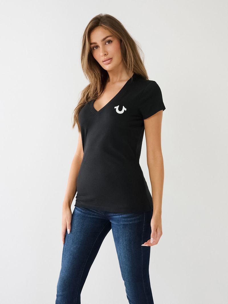 True Religion Crystal Horseshoe Logo V Neck T-Shirts Damen Schwarz | 08274EYCS