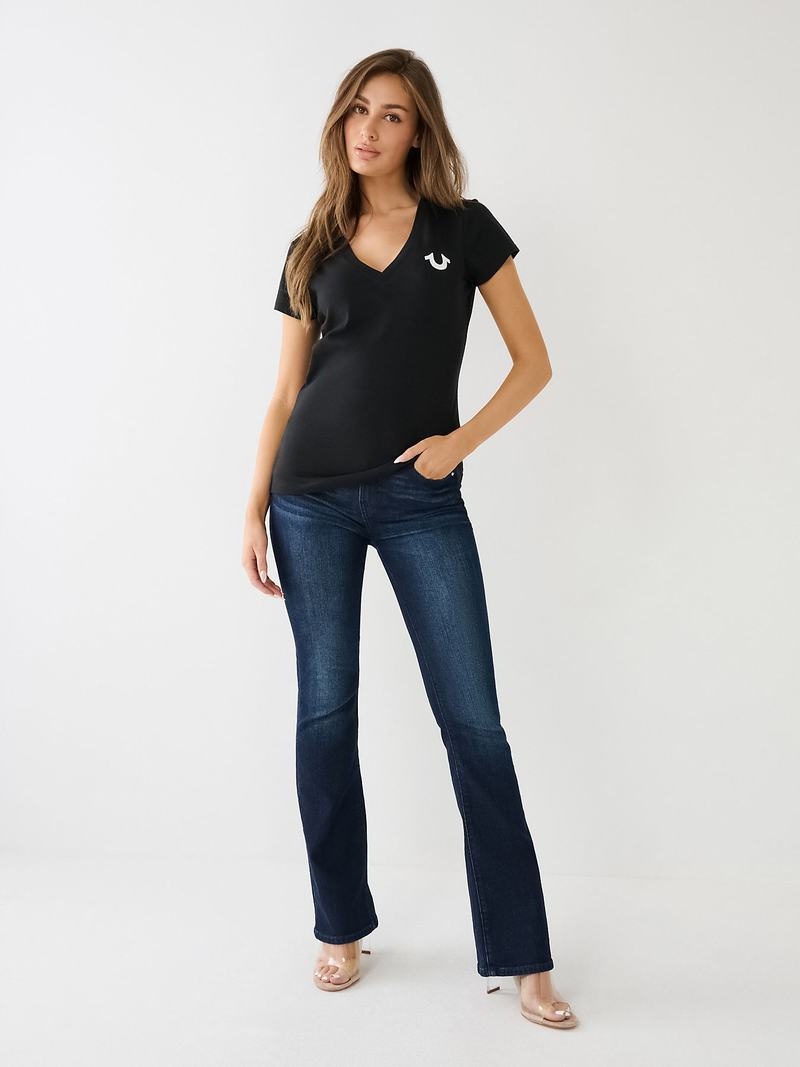 True Religion Crystal Horseshoe Logo V Neck T-Shirts Damen Schwarz | 08274EYCS