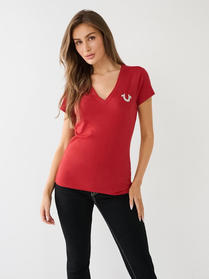 True Religion Crystal Horseshoe Logo V Neck T-Shirts Damen Rot | 16043IFVP