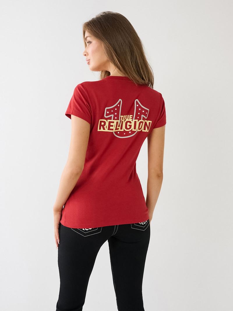 True Religion Crystal Horseshoe Logo V Neck T-Shirts Damen Rot | 16043IFVP