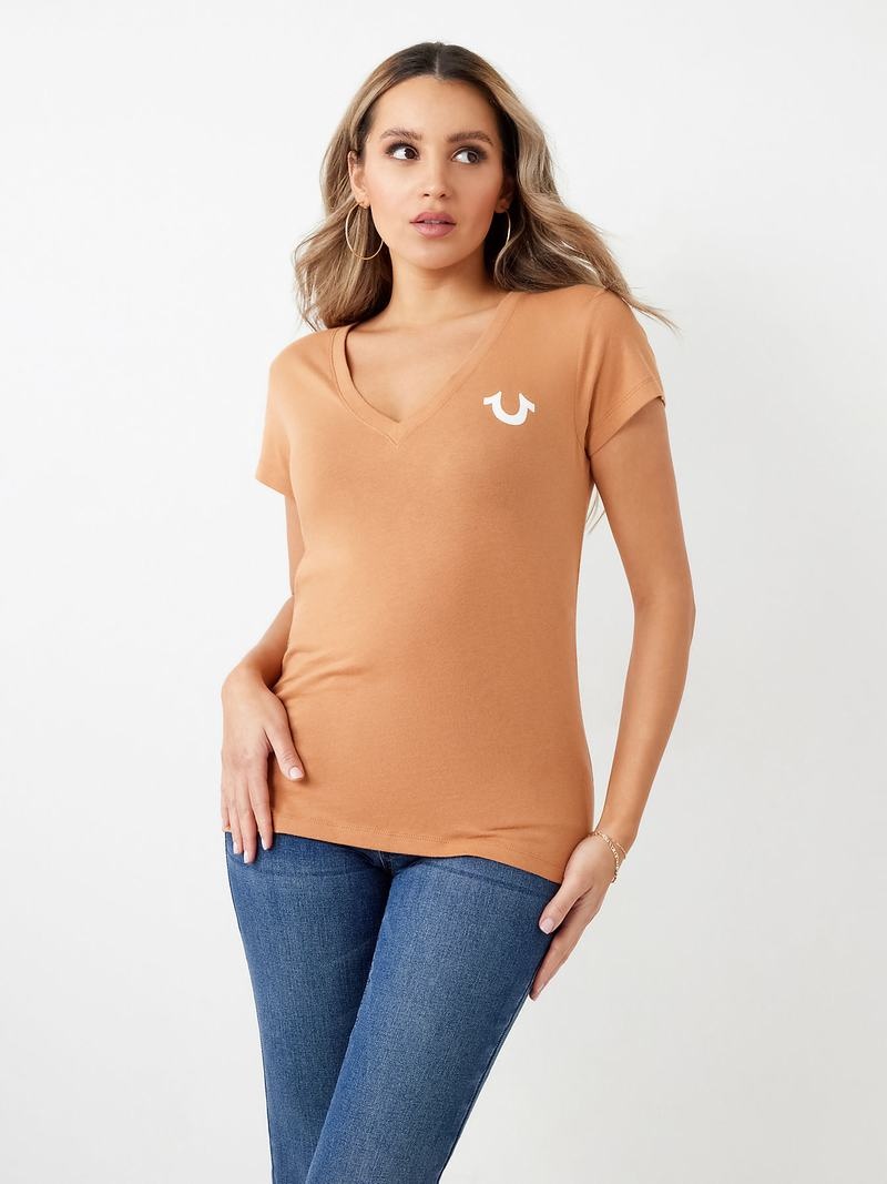 True Religion Crystal Horseshoe Logo V Neck T-Shirts Damen Orange | 98273OKIZ