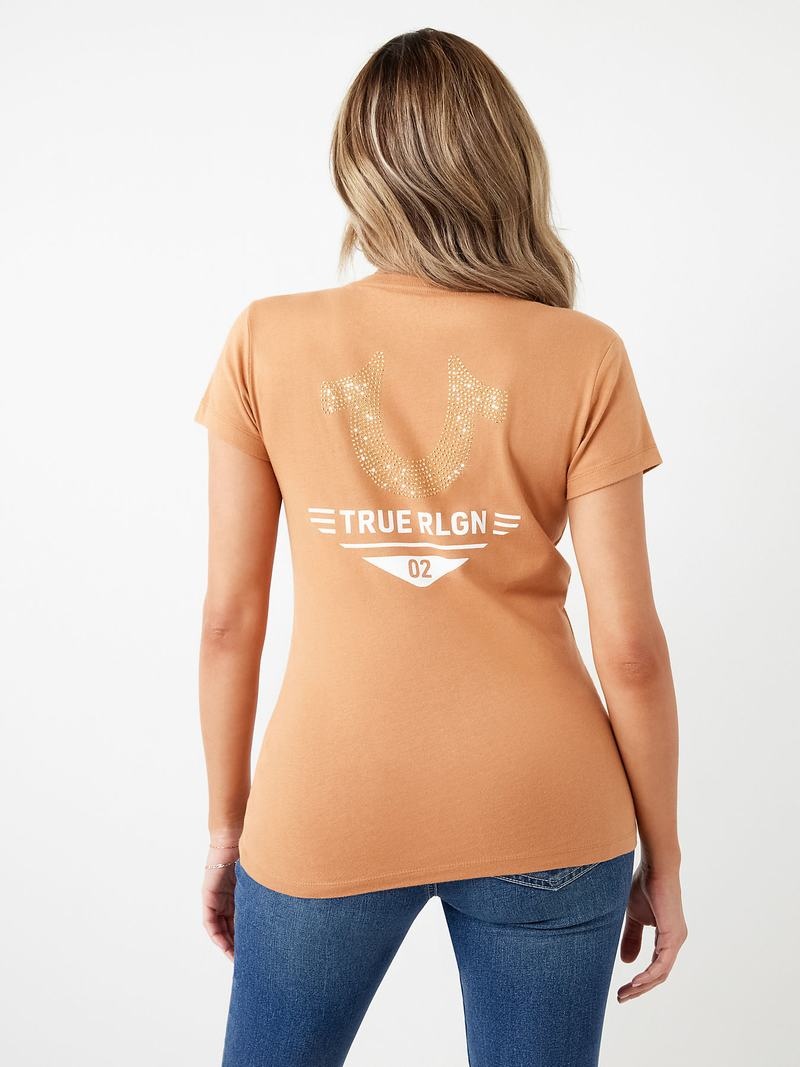 True Religion Crystal Horseshoe Logo V Neck T-Shirts Damen Orange | 98273OKIZ