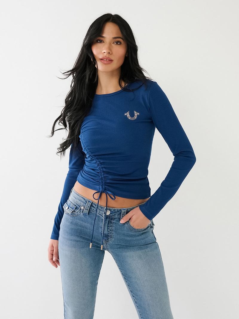 True Religion Crystal Horseshoe Ruched Baby T-Shirts Damen Blau | 27519LYCI