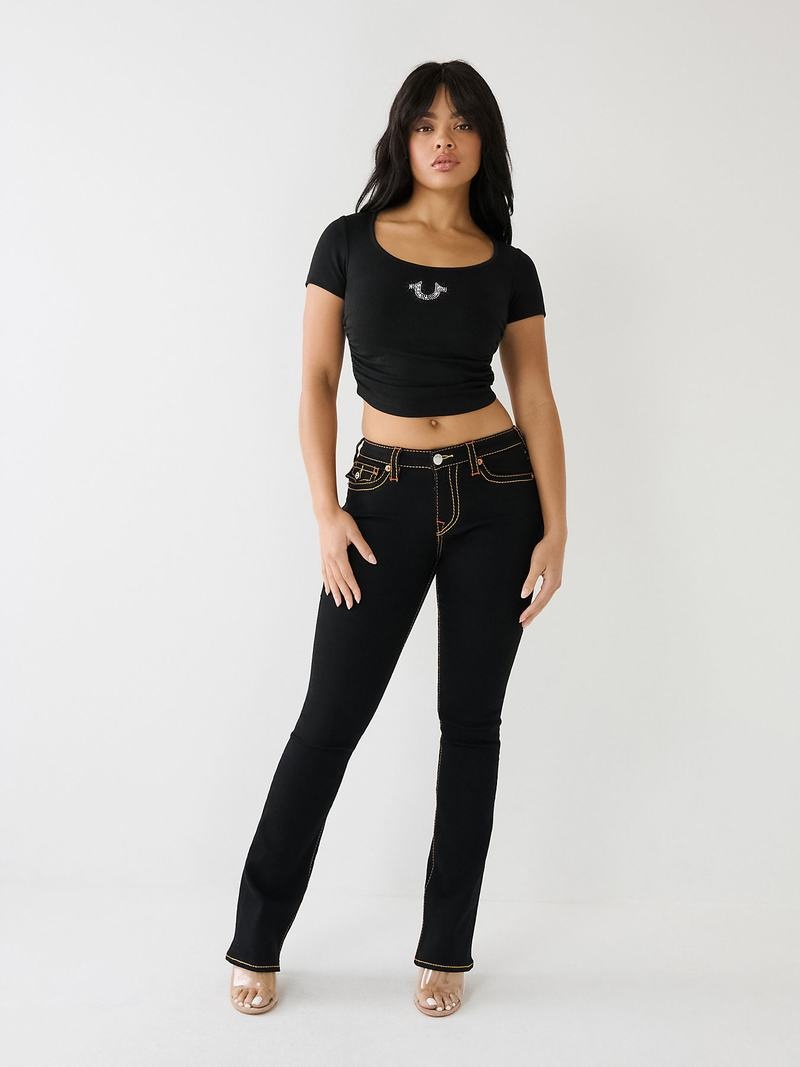 True Religion Crystal Horseshoe Ruched Crop T-Shirts Damen Schwarz | 81047IJSG