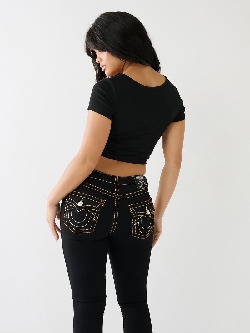 True Religion Crystal Horseshoe Ruched Crop T-Shirts Damen Schwarz | 81047IJSG