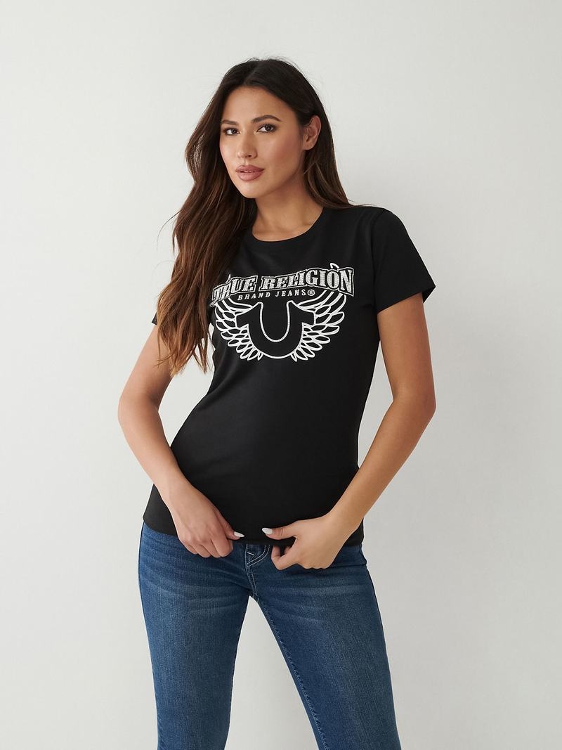 True Religion Crystal Horseshoe T-Shirts Damen Schwarz | 05918NMDZ