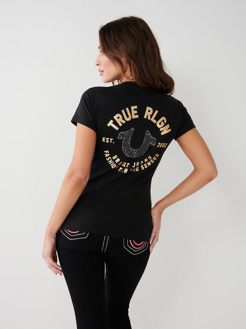 True Religion Crystal Horseshoe V T-Shirts Damen Schwarz | 02356FTXD