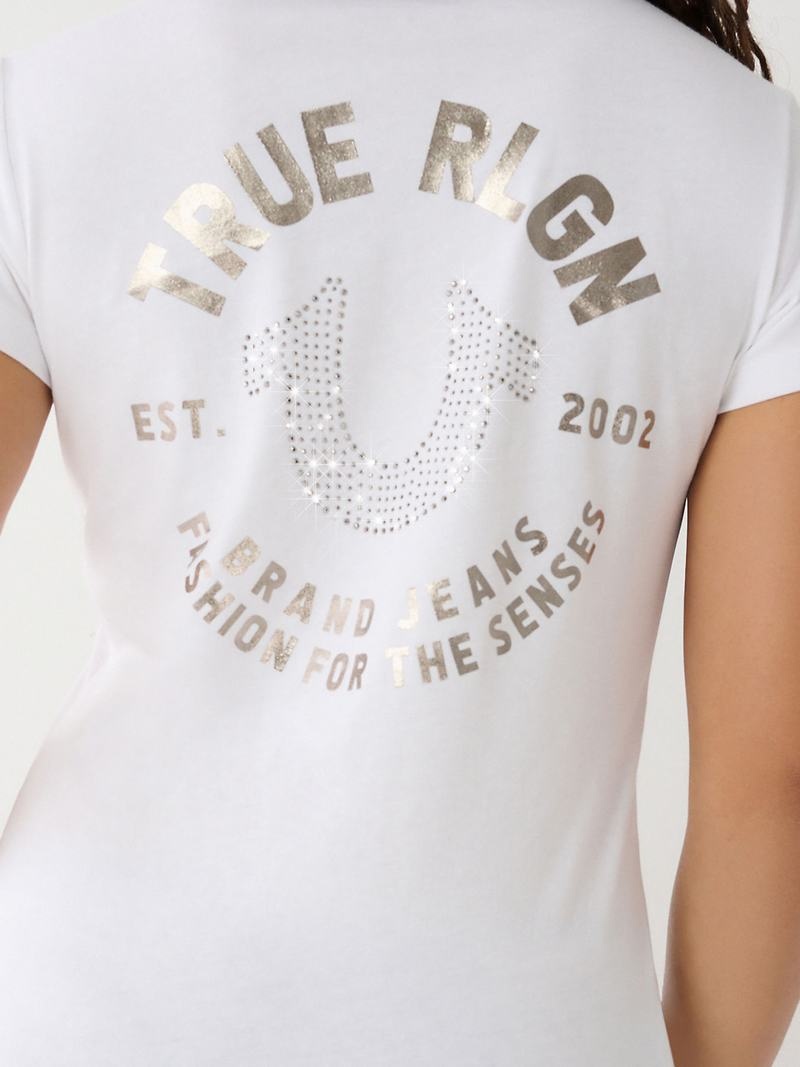 True Religion Crystal Horseshoe V T-Shirts Damen Weiß | 52604NGTK