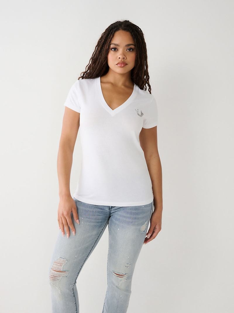 True Religion Crystal Horseshoe V T-Shirts Damen Weiß | 52604NGTK