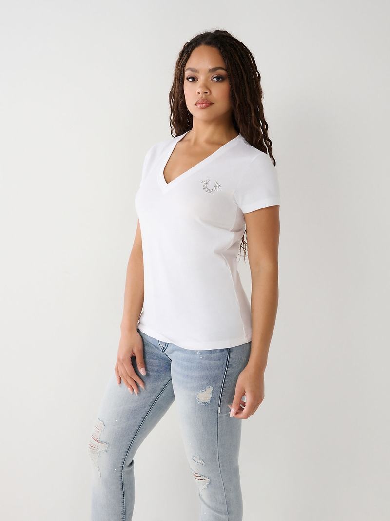 True Religion Crystal Horseshoe V T-Shirts Damen Weiß | 52604NGTK