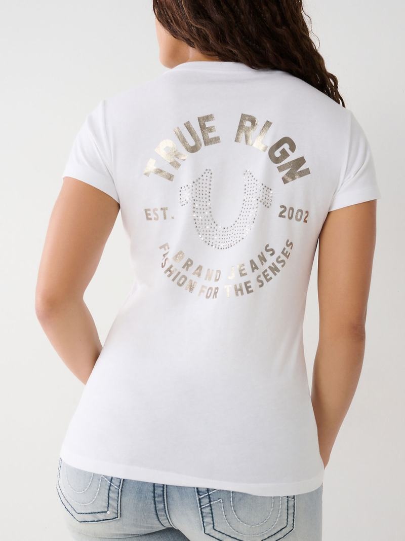 True Religion Crystal Horseshoe V T-Shirts Damen Weiß | 52604NGTK