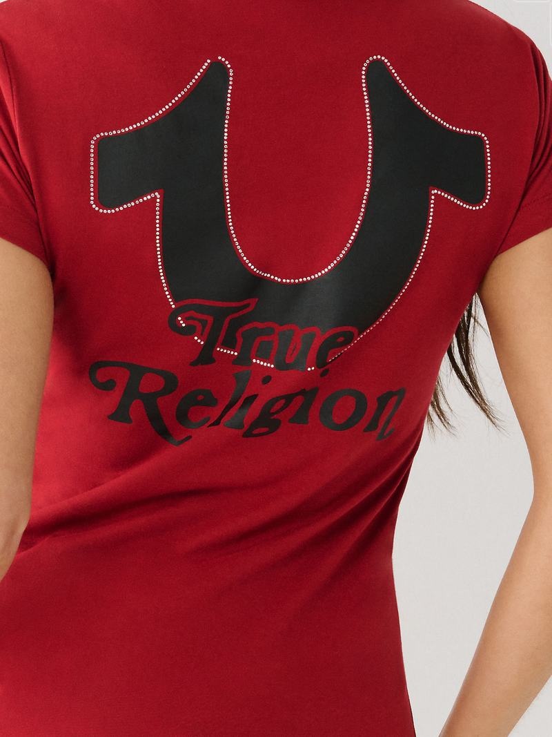 True Religion Crystal Horseshoe V T-Shirts Damen Rot | 41378YDLB