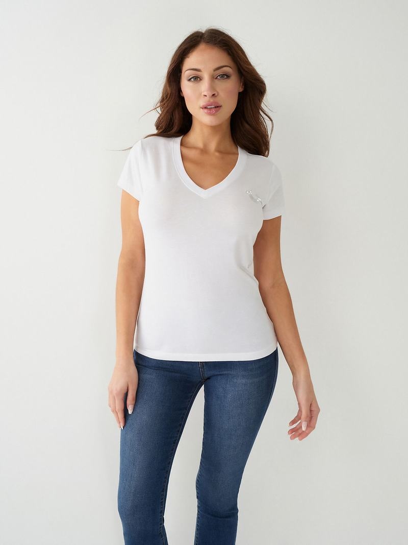 True Religion Crystal Horseshoe V T-Shirts Damen Weiß | 48916SPTE