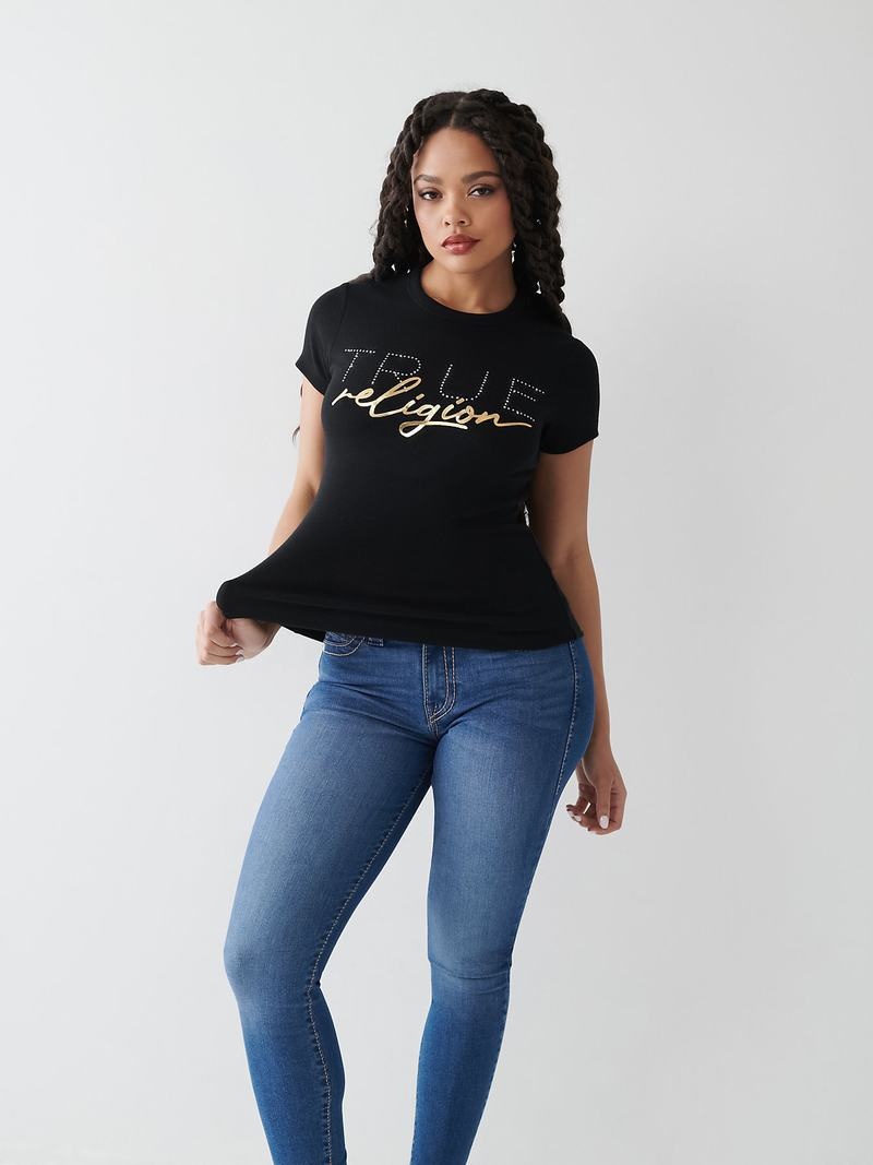 True Religion Crystal Logo T-Shirts Damen Schwarz | 29865AHRX