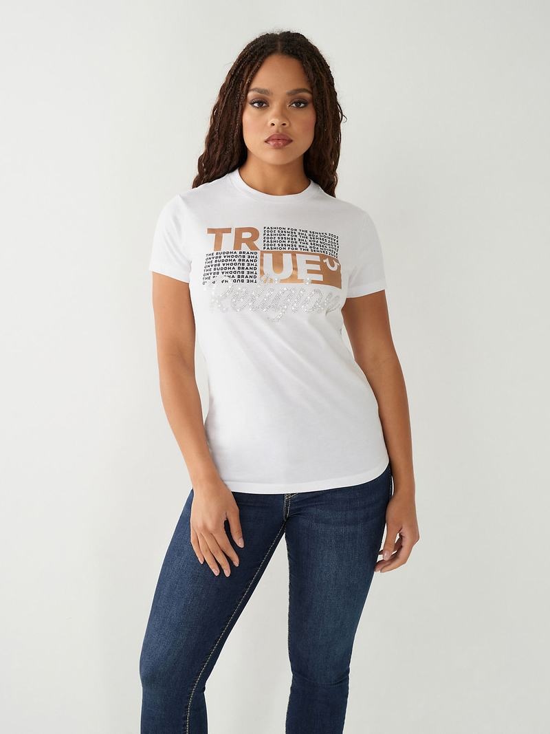 True Religion Crystal Logo T-Shirts Damen Weiß | 56714WTLP