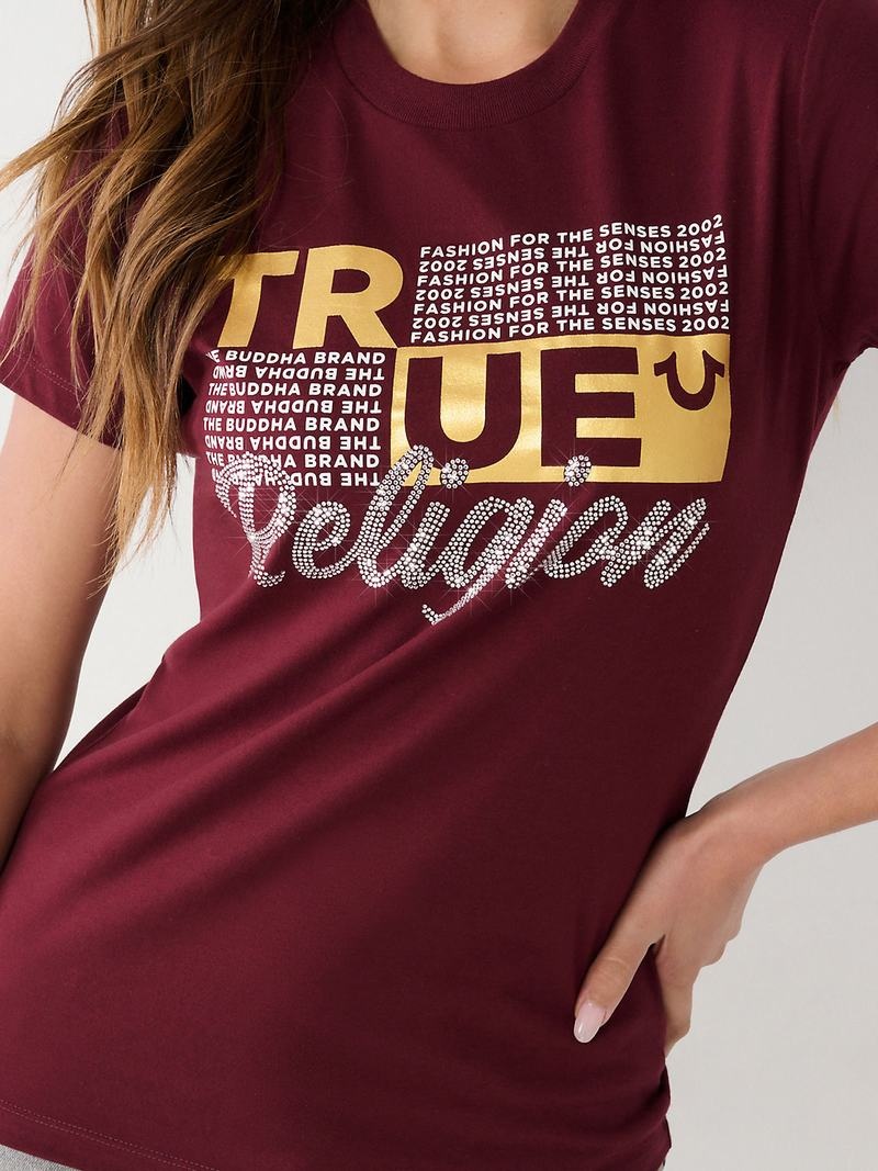 True Religion Crystal Logo T-Shirts Damen Bordeaux | 24836OMUV