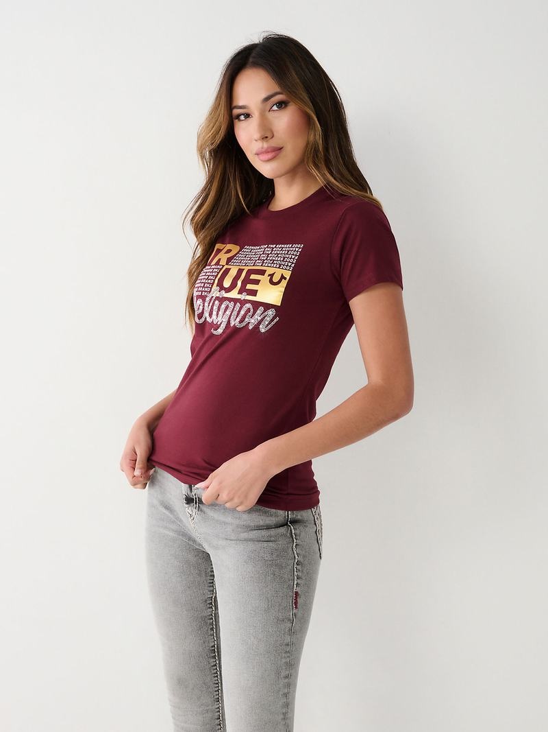 True Religion Crystal Logo T-Shirts Damen Bordeaux | 24836OMUV