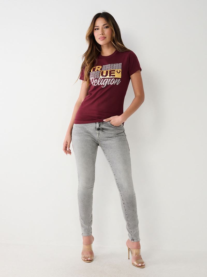 True Religion Crystal Logo T-Shirts Damen Bordeaux | 24836OMUV