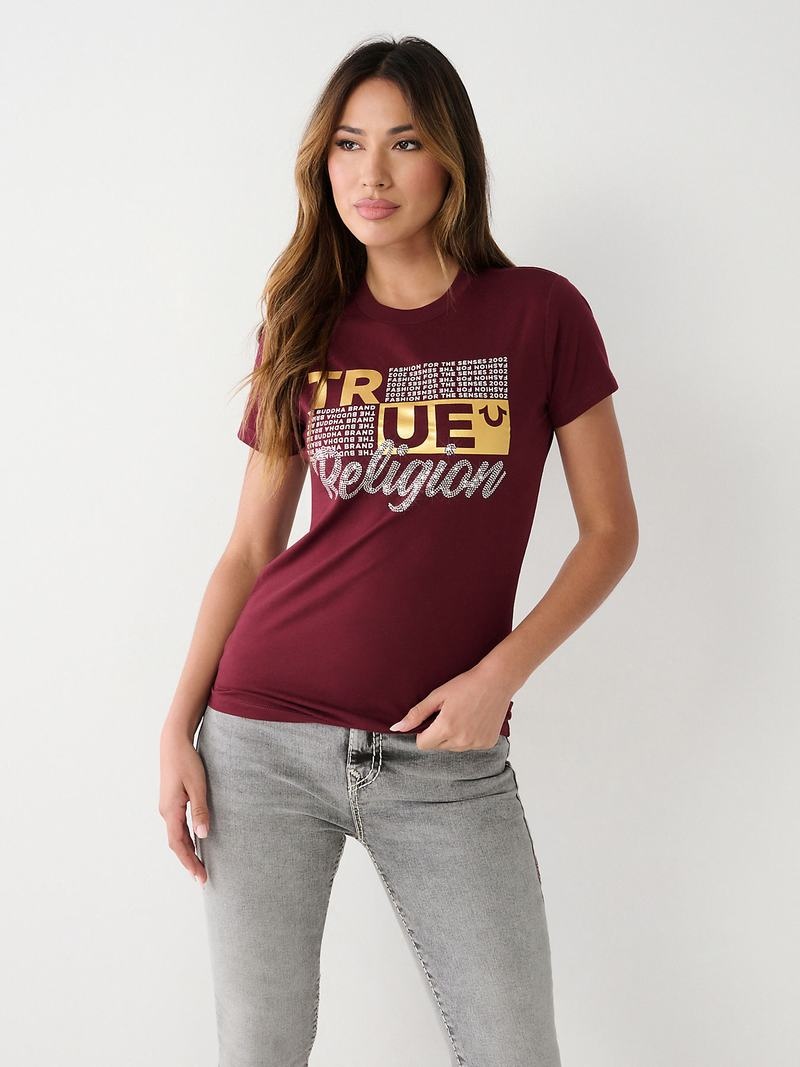 True Religion Crystal Logo T-Shirts Damen Bordeaux | 24836OMUV