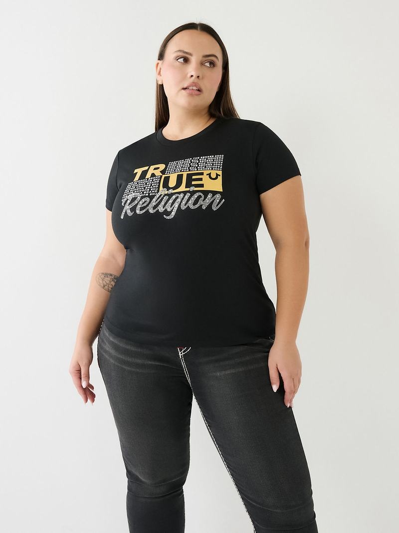 True Religion Crystal Logo T-Shirts Damen Schwarz | 28156SITH