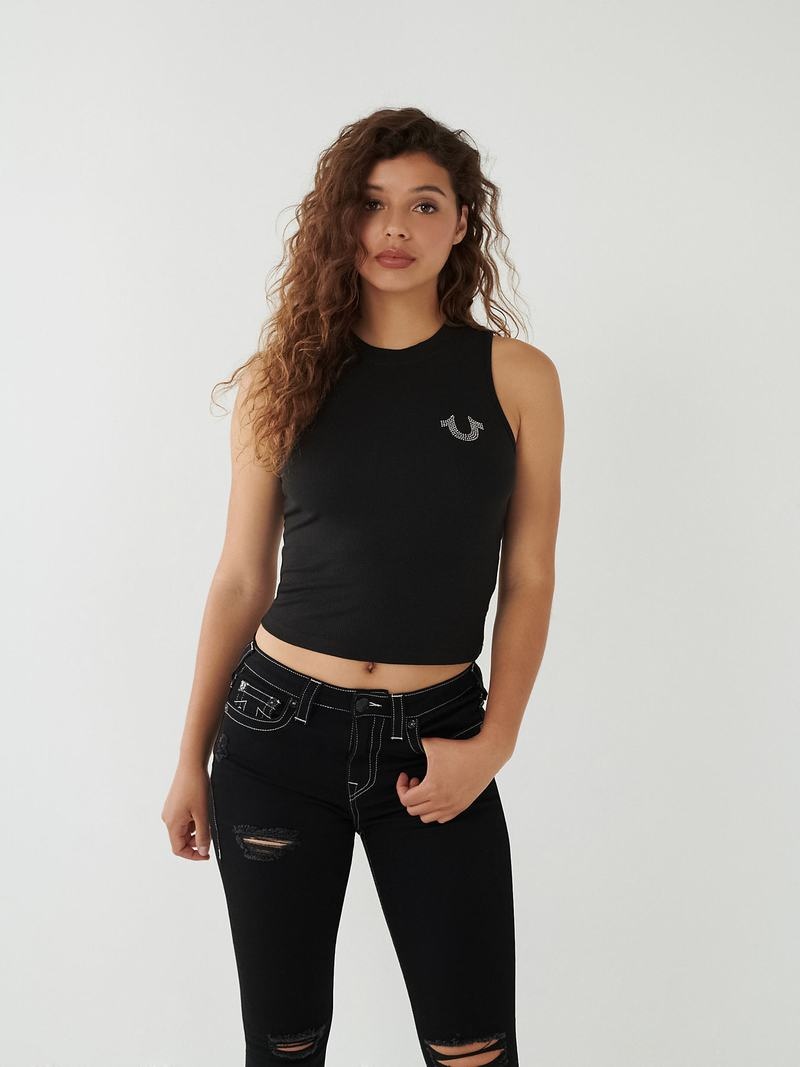 True Religion Crystal Logo Tanktop Damen Schwarz | 97058SGVF