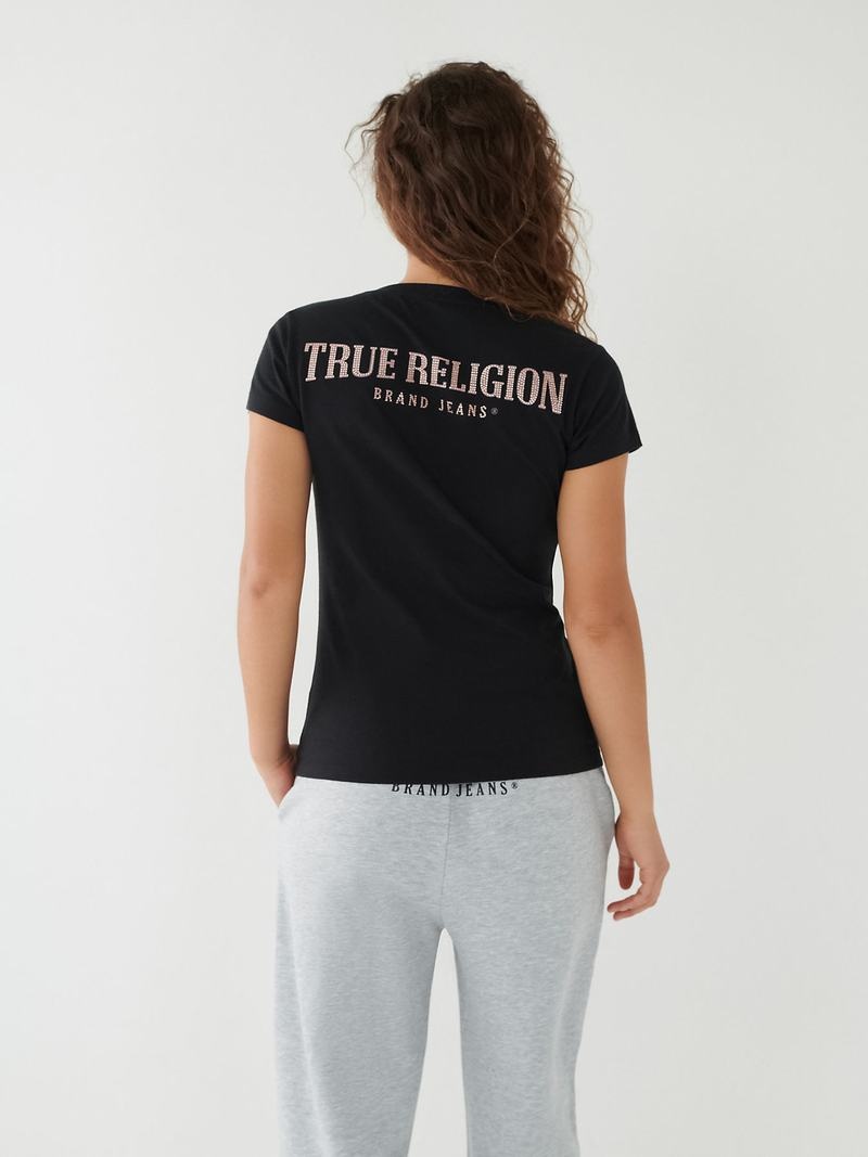 True Religion Crystal Logo V T-Shirts Damen Schwarz | 21896TZKR