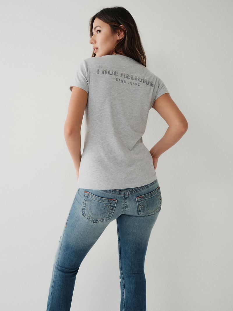 True Religion Crystal Logo V T-Shirts Damen Grau | 79046CUIQ