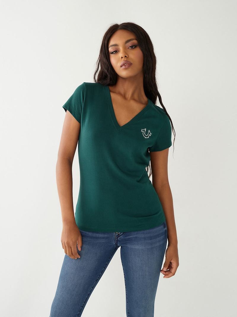 True Religion Crystal Logo V T-Shirts Damen Türkis Grün | 23056UHFT