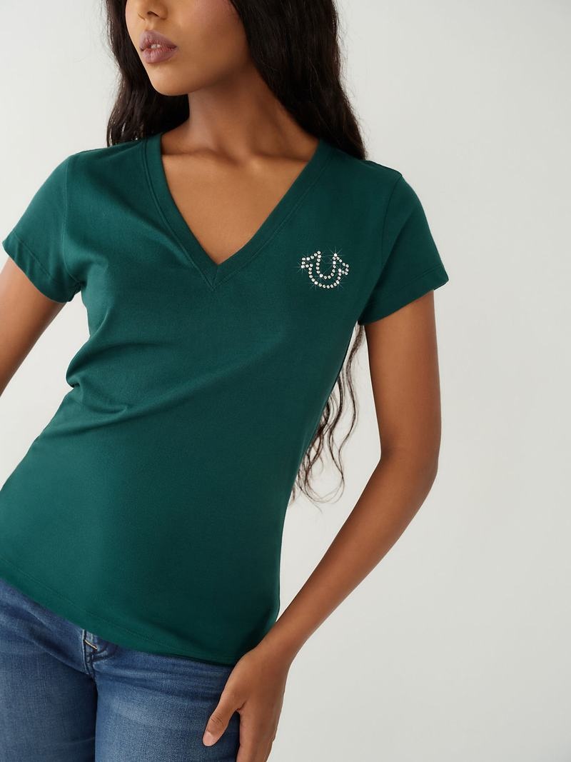 True Religion Crystal Logo V T-Shirts Damen Türkis Grün | 23056UHFT