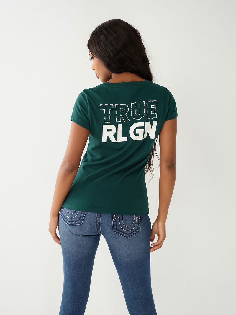 True Religion Crystal Logo V T-Shirts Damen Türkis Grün | 23056UHFT