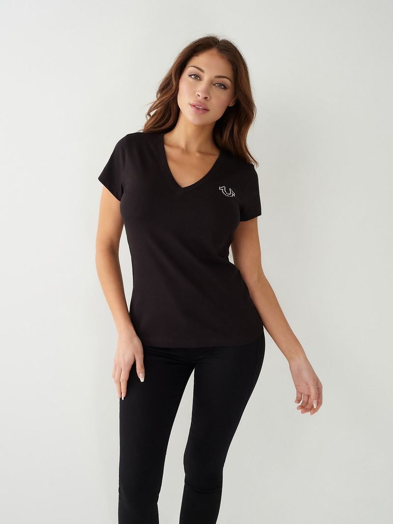 True Religion Crystal Logo V T-Shirts Damen Schwarz | 45816NXQK