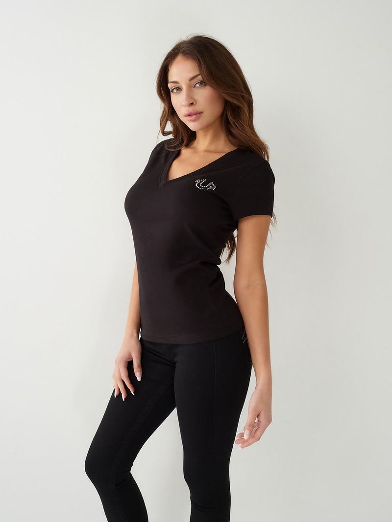 True Religion Crystal Logo V T-Shirts Damen Schwarz | 45816NXQK